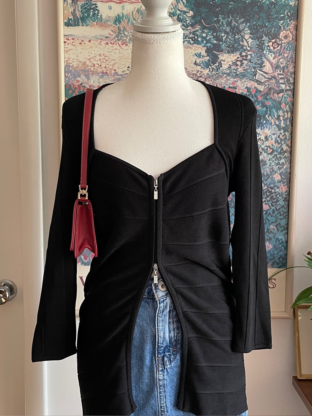 Caché Black Bandage Double Zip Up Top M Going Out Dark Feminine Minimalist Y2K